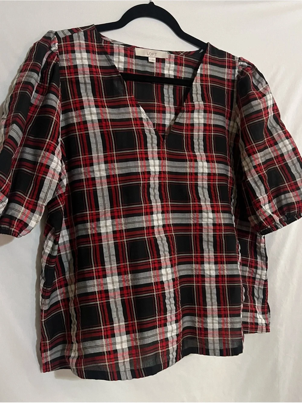 LOFT Red Black and White Plaid V-Neck Puff Sleeve Top